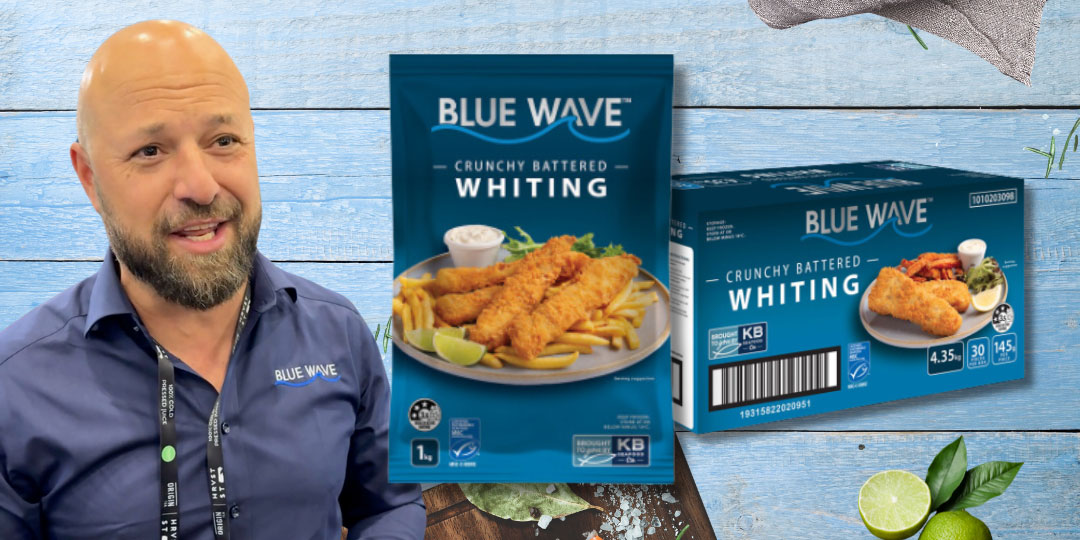 Felice on a blue background with Crunchy Battered Whiting